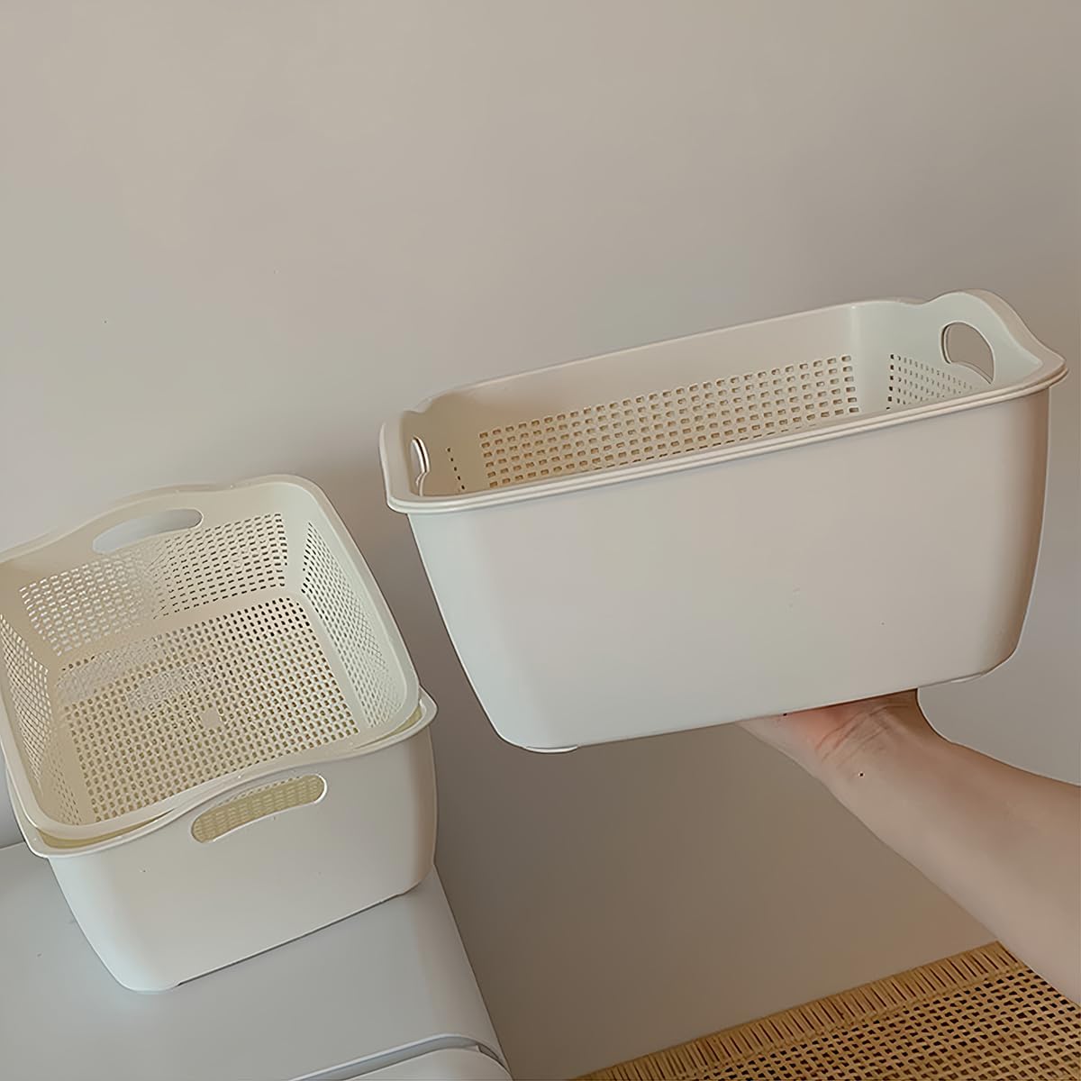 Double-Layer Plastic Fruits & Vegetable Washing Basket - Multi-Layer Stackable Sink Wash & Drain Basket for Kitchen (White Small)
