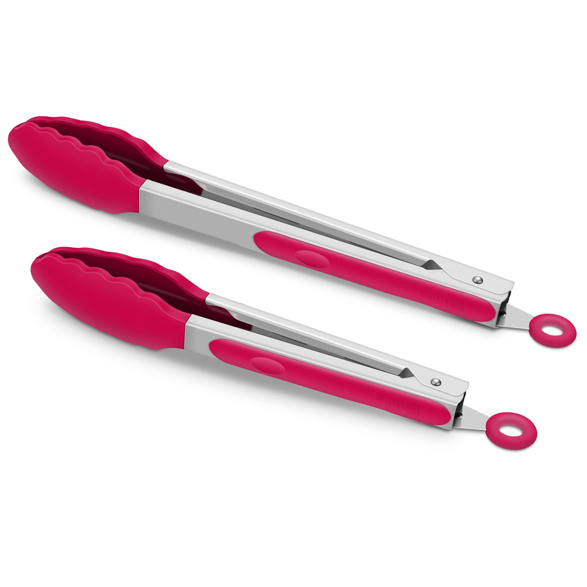 2 Pack Silicone Kitchen Tongs, 9 & 12 Inch, Stainless Steel, Red