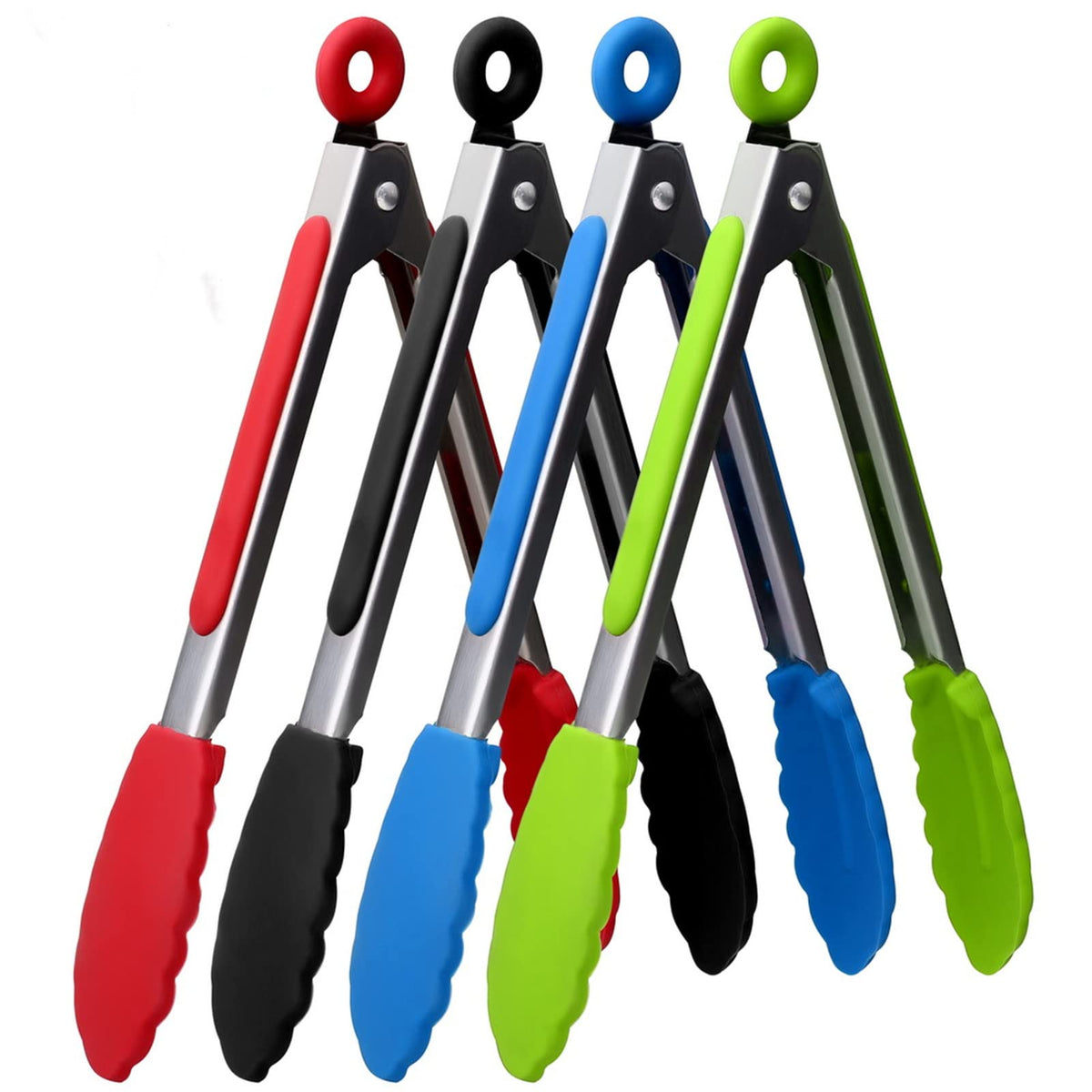 ZHIYE 9” Kitchen Tongs, 4 Pcs Silicone Tongs,Non-Slip Stainless Steel Tongs with Locking Clip for Food, Cooking, BBQ, Serving, Salad, Ice, Heat Resistant Food Grade