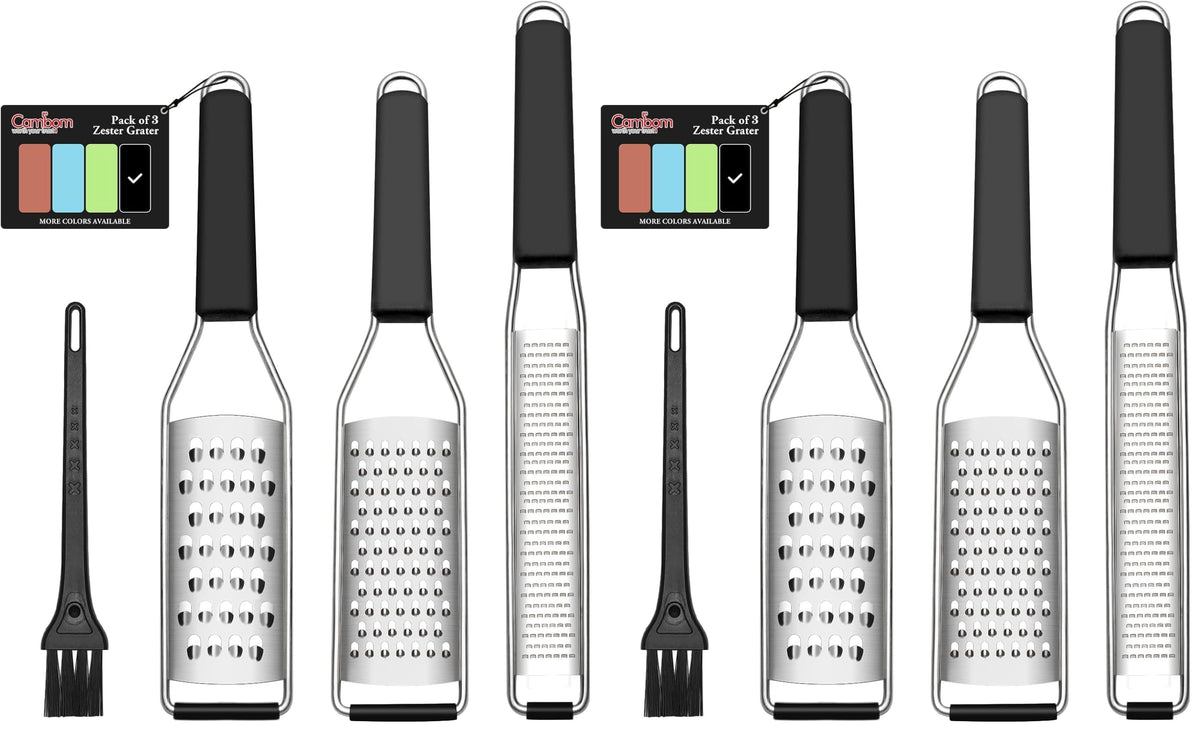 Cambom Lemon Zester Grater Three-piece Suit - Heavy Duty Kitchen Tool for Parmesan Cheese, Ginger, Garlic, Nutmeg, Chocolate, Vegetables,Fruits,Stainless Steel Grater Dishwasher Safe Black