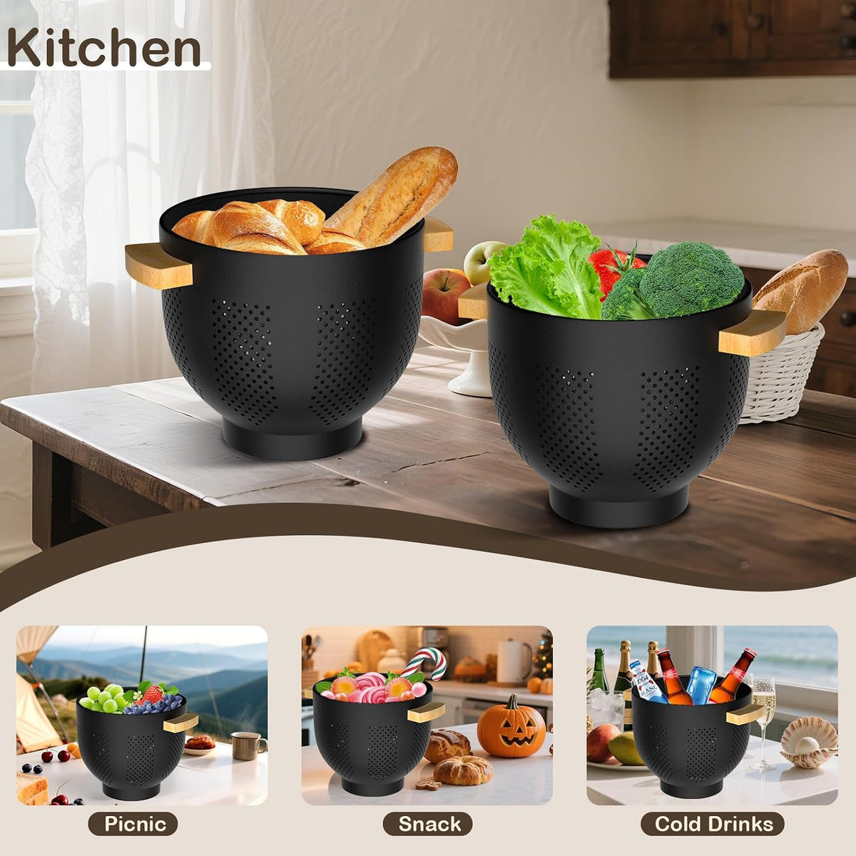 Colander for Kitchen, 6 QT Metal Colander with Wood Handle, Essentials Kitchen Gadgets Strainers and Colanders Food Strainer Basket for Draining Pasta Strainer, Vegetable & Fruit, Black
