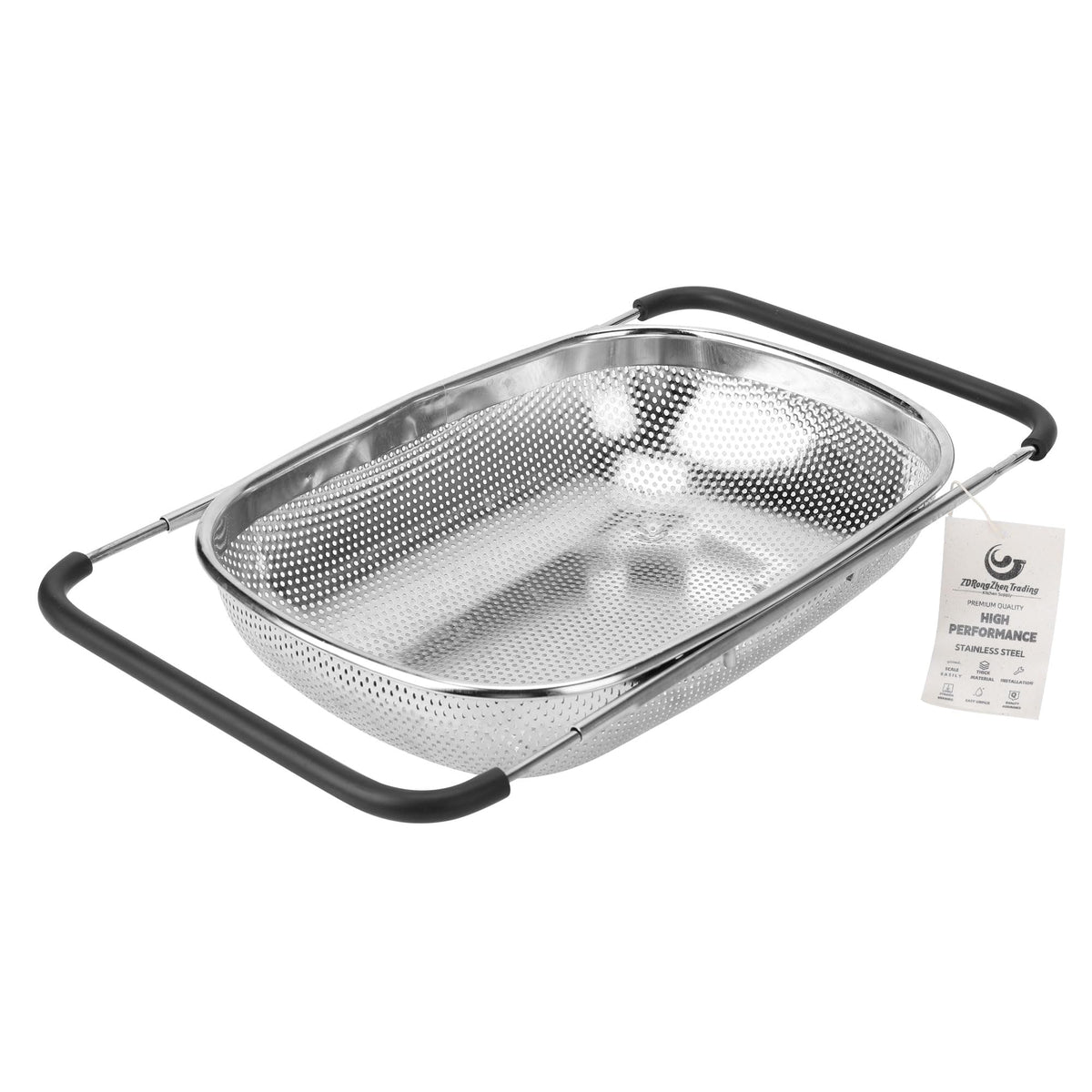ZDRongZhen Kitchen Accessories Over the Sink Colander Strainer Basket,Stainless Steel Colander with Expandable Rubber Grip Sink Drainer-Rinse Vegetables Fruits &Strain&Drain (Large-Fine mesh)