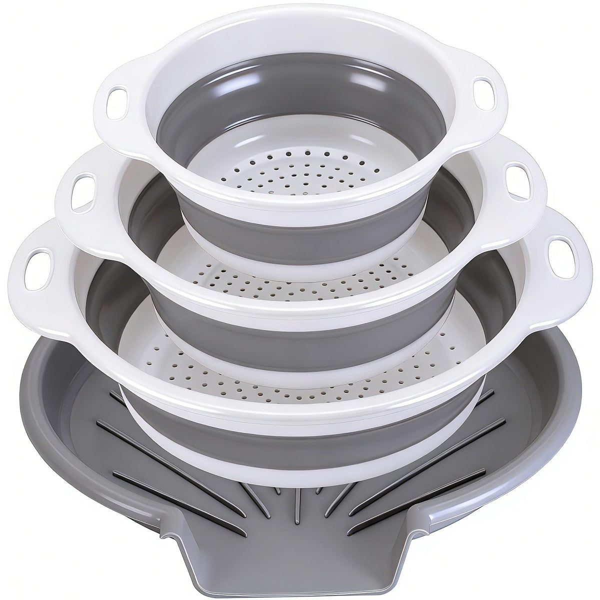 Collapsible Colander Set with Oversized Draining Tray | 3-Pack Foldable Kitchen Strainers + Base | Space Saving for Pasta, Veggies, Fruit & Rice | 5 Colors (Gray-Blue)