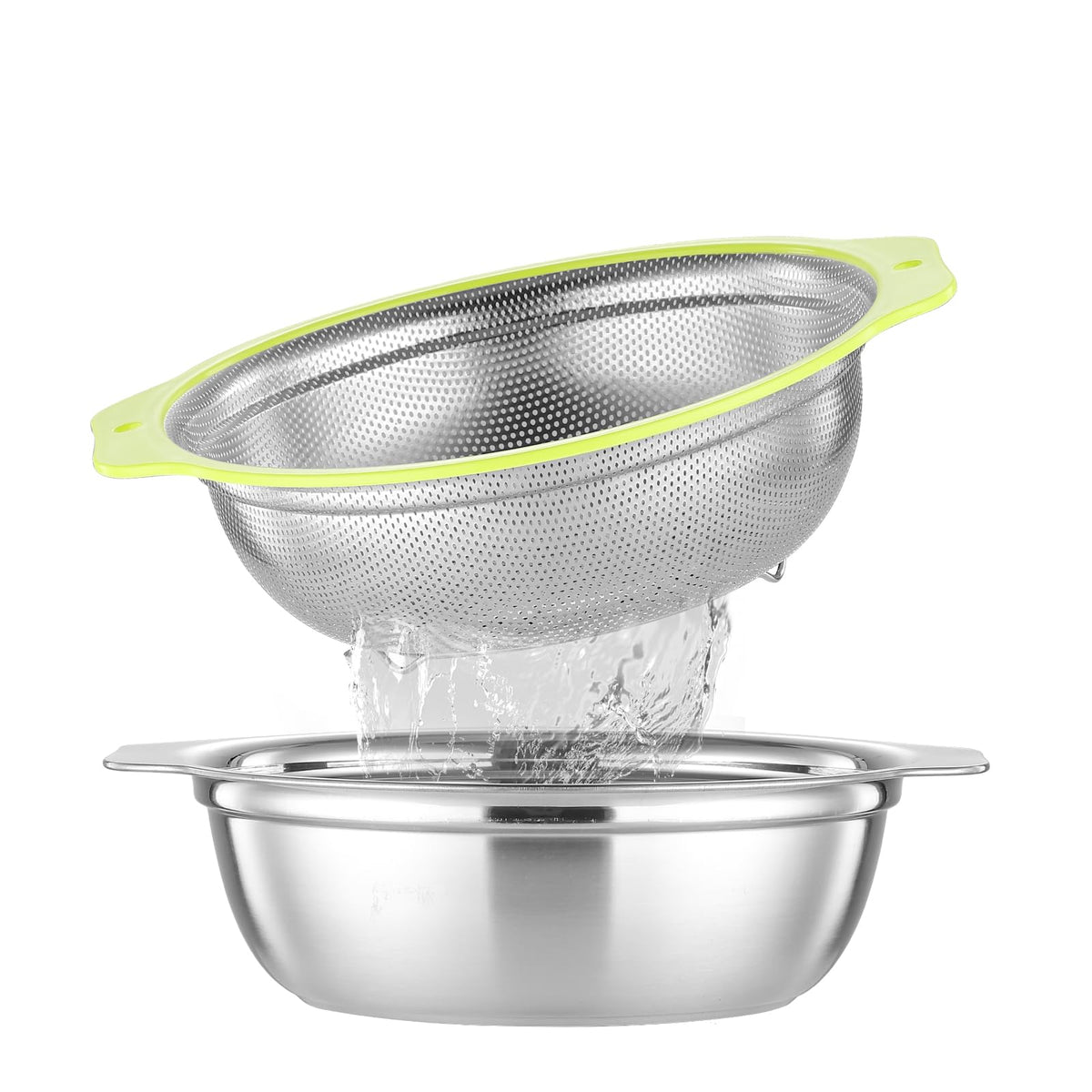 Colander Stainless Steel Microporous, 4QT Large Capacity Rice Strainer with Mixing Bowl, Rice Washing Bowl Set with Handle, Food-Grade Strainers and Colanders for Kitchen, Dishwasher Safe