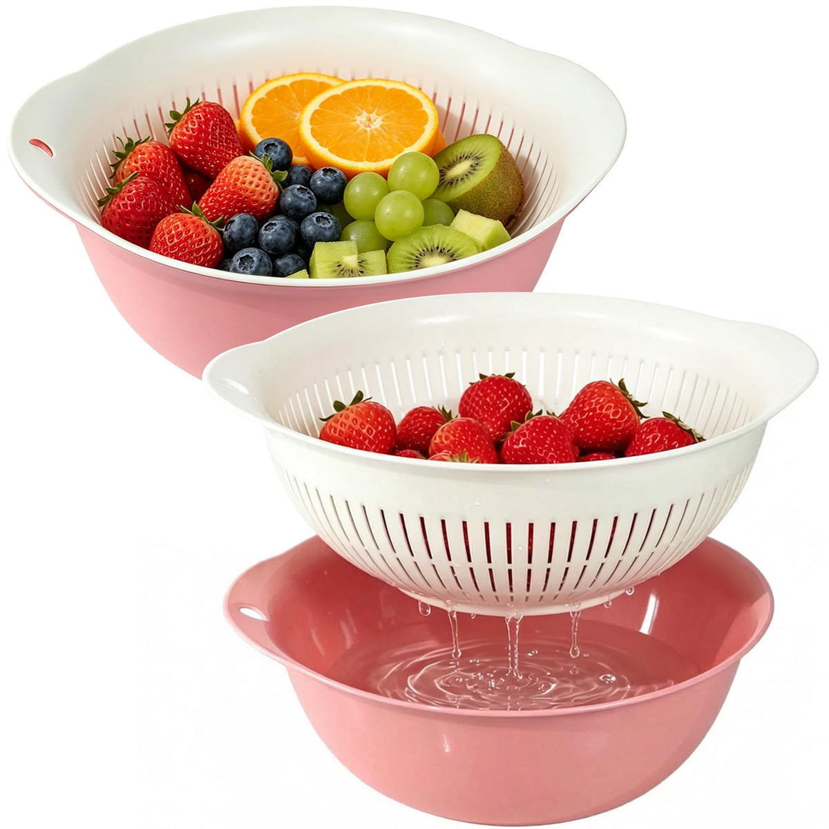 2-Piece Nesting Colander Bowl Set - Large Capacity Plastic Food Strainers for Pasta, Veggies & Fruits, Space-Saving Washing & Draining Basket (Blue)