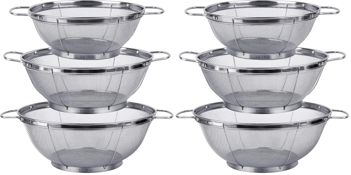 3 Pack 18/8 Stainless Steel Colander Sieves(5-Quart, 4-Quart and 3-Quart), Mesh Strainer Net Baskets with Handles & Resting Base for Strain, Drain, Rinse or Steam