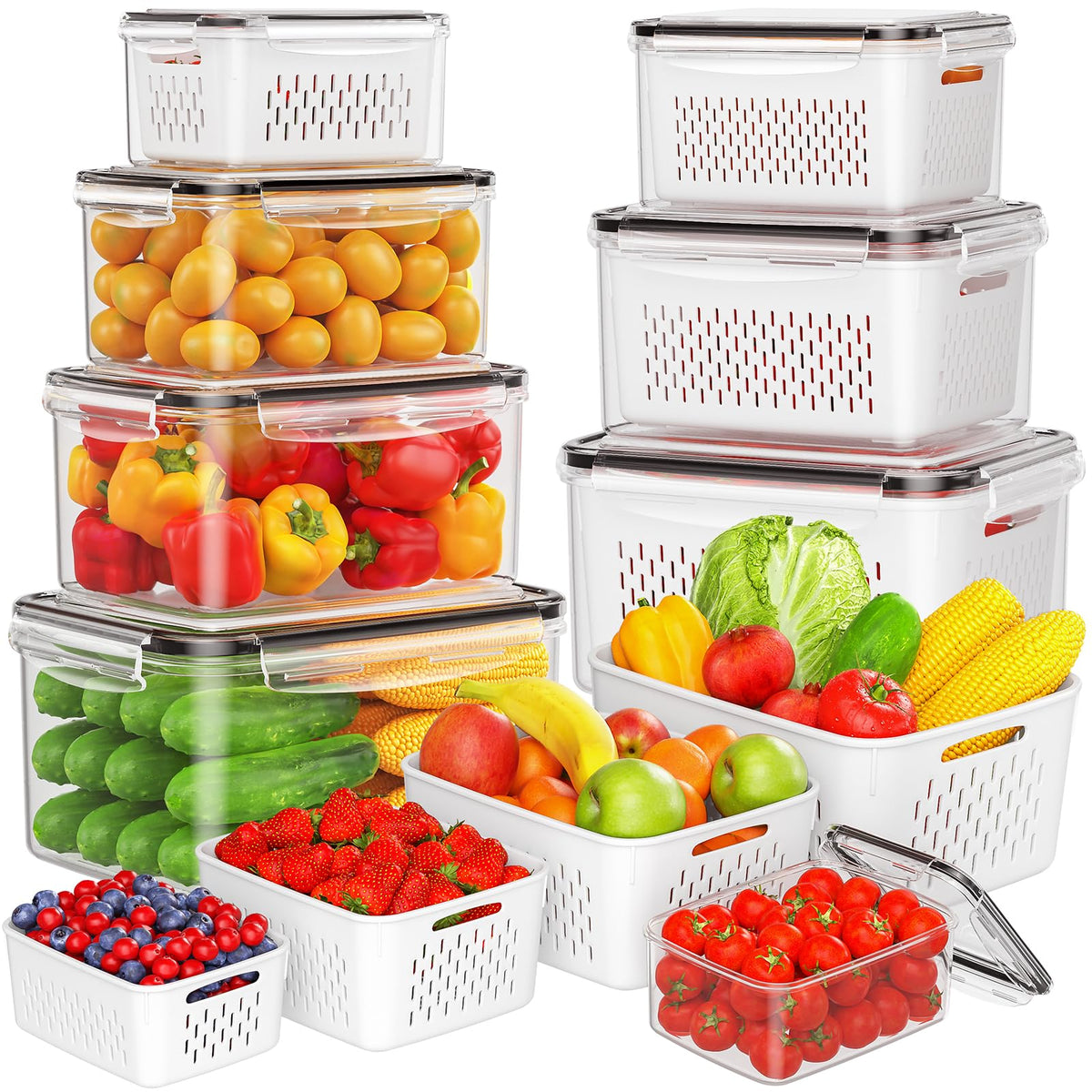 4 PCS Fruit Storage Containers for Fridge, Produce Containers for Fridge with Removable Colander, All-In-One Fruit Washing Bowl with Strainer Microwave/Dishwasher Safe for Salad Berry Lettuce Keeper