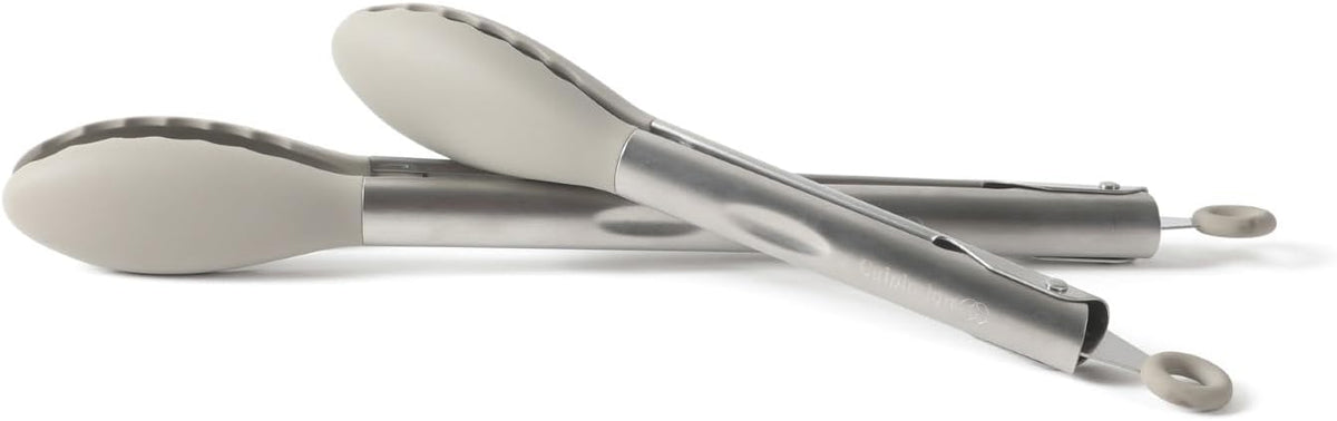 Calphalon Edge Tongs Set, 2-Piece Stainless Steel Kitchen Tongs Set with Silicone Heads, Includes 9-Inch & 12-Inch Heat-Resistant Locking Tongs for Cooking, Grilling & Serving, Taupe