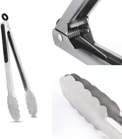 ALLTOP Metal Cooking Tongs,Stainless Steel Food Tong with No-slip Silicon and Locking Ring for Kitchen - 9 &12 inch,Set of 2-Black