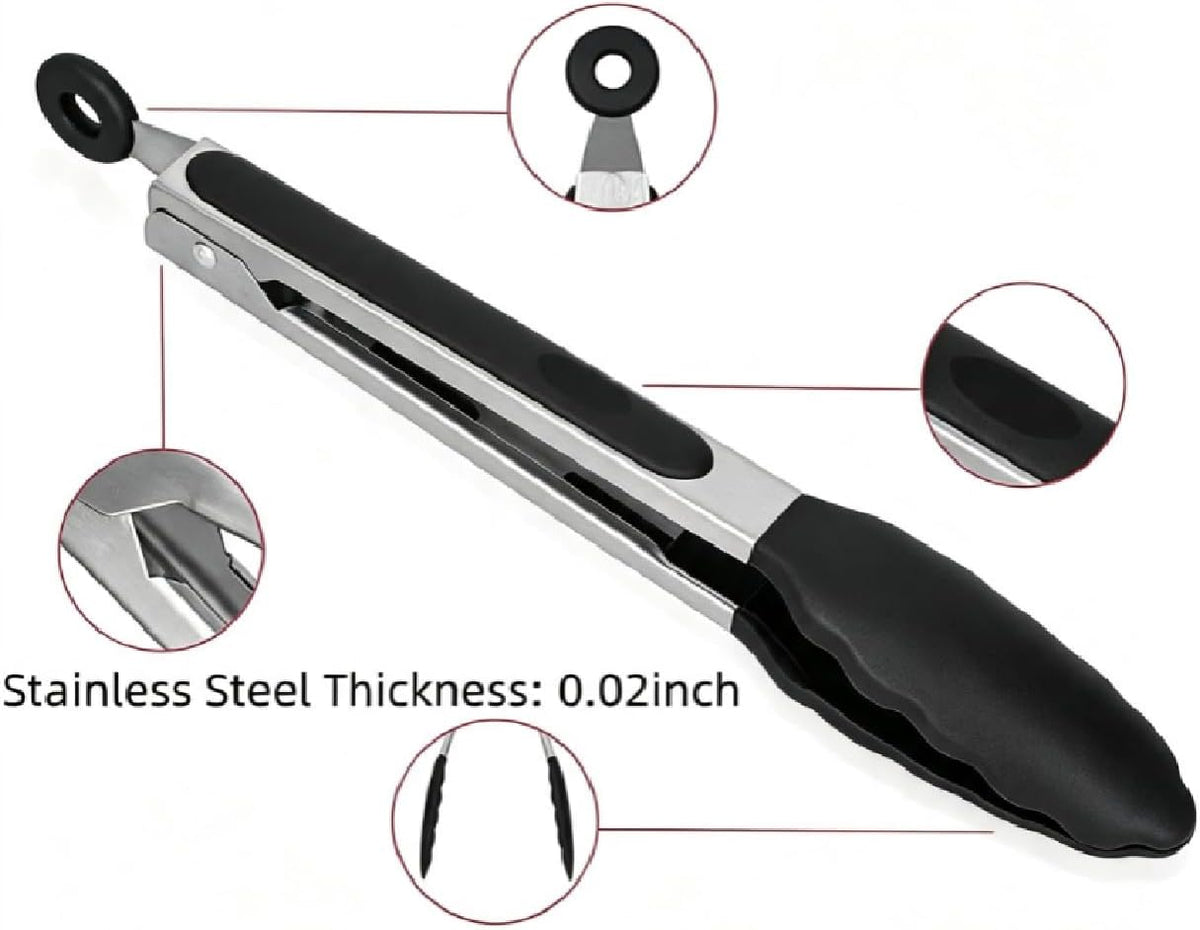 9 & 12 Inch Food Grade Silicone Food Tongs, Heat Resistant Anti-Scald Stainless Steel Kitchen Tongs, Non-Slip Rustproof BBQ Grill Tongs for Salad, Bread, Steak, Buffet, Baking Home Kitchen Use
