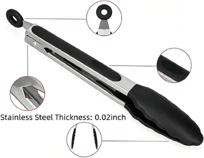 9 & 12 Inch Food Grade Silicone Food Tongs, Heat Resistant Anti-Scald Stainless Steel Kitchen Tongs, Non-Slip Rustproof BBQ Grill Tongs for Salad, Bread, Steak, Buffet, Baking Home Kitchen Use