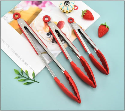 Kitchen Tongs for Cooking Locking Silicone Stainless Steel Buffet Serving Tongs, 7,9 and 12 Inch Non-stick,Heat Resistant 3 Pack