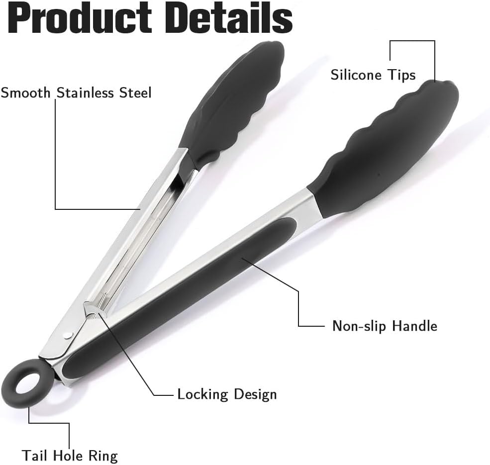 Kitchen Tongs 2 Pcs Tongs for Cooking Black Silicone Tongs 7 Inch 9 Inch Stainless Steel Locking Food Tongs with Silicone Tips Heat Resistant Serving Tong for BBQ Food Grilling Salad Kitchen Utensils