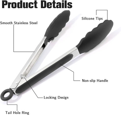 Kitchen Tongs 2 Pcs Tongs for Cooking Black Silicone Tongs 7 Inch 9 Inch Stainless Steel Locking Food Tongs with Silicone Tips Heat Resistant Serving Tong for BBQ Food Grilling Salad Kitchen Utensils