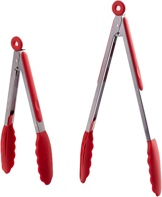 Kitchen Tongs Set of 2 – 9 inch & 12 inch – Stainless Steel Food Tongs with Silicone Tips – Premium Locking Non-stick Tongs for Cooking, BBQ, Grilling, Salad - Heavy Duty, BPA Free(Red)