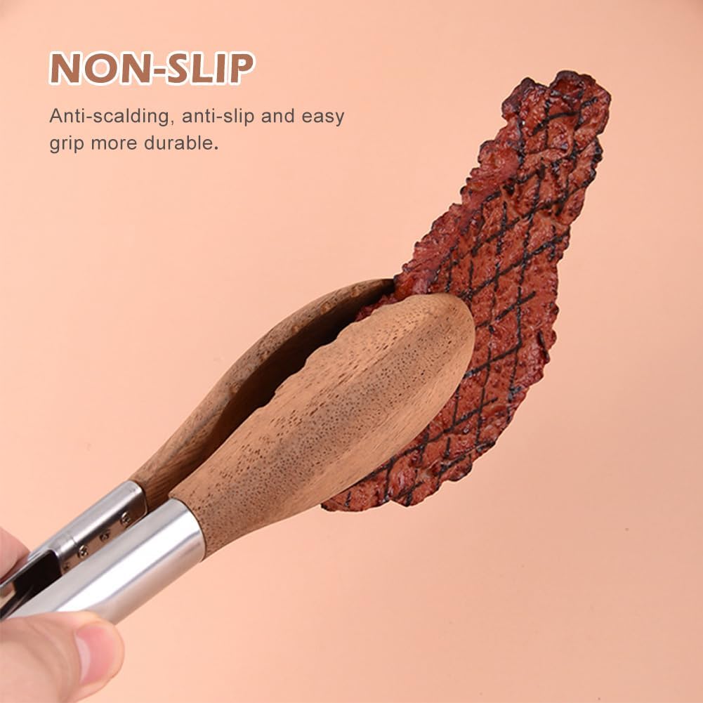 Wooden Tongs - Premium Food Wood Serving Tongs with Non-Slip Grip, Heat Resistant Kitchen Tools Ideal for BBQ, Salad, Toaster, Bread, Pickles and Flipping Burgers(Silver+Brown)