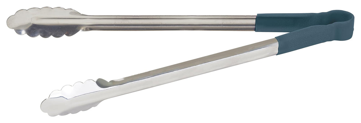Winco 12" Green Stainless Steel Serving Tongs with Non-Slip Grip