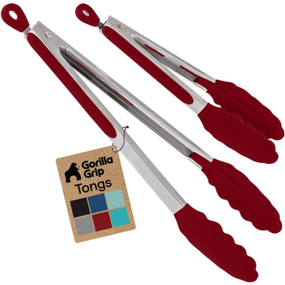 GORILLA GRIP Stainless Steel Kitchen Tongs for Cooking, 2 PK, Black