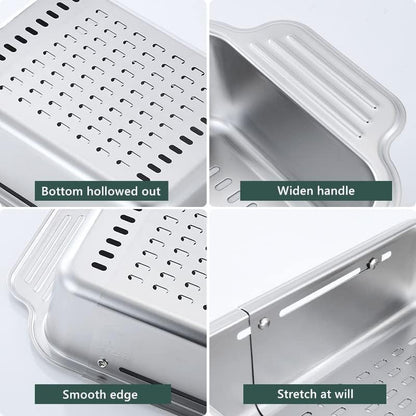 ZDRongZhen Kitchen Supply-Over the Sink Colander Strainer Basket Stainless Steel Retractable Kitchen Sink Basket -Wash Vegetables and Fruits, Drain Pasta and Dry Dishes,Extendable (Medium Silver)