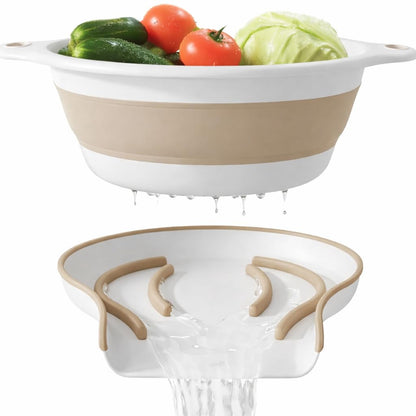 Gevoli Collapsible Colander Strainer, Includes Over-sink Countertop Draining Base (5QT) Large Kitchen Drainer for Vegetables Fruit and Pasta, Round Foldable Draining Basket, Easy Storage (White)