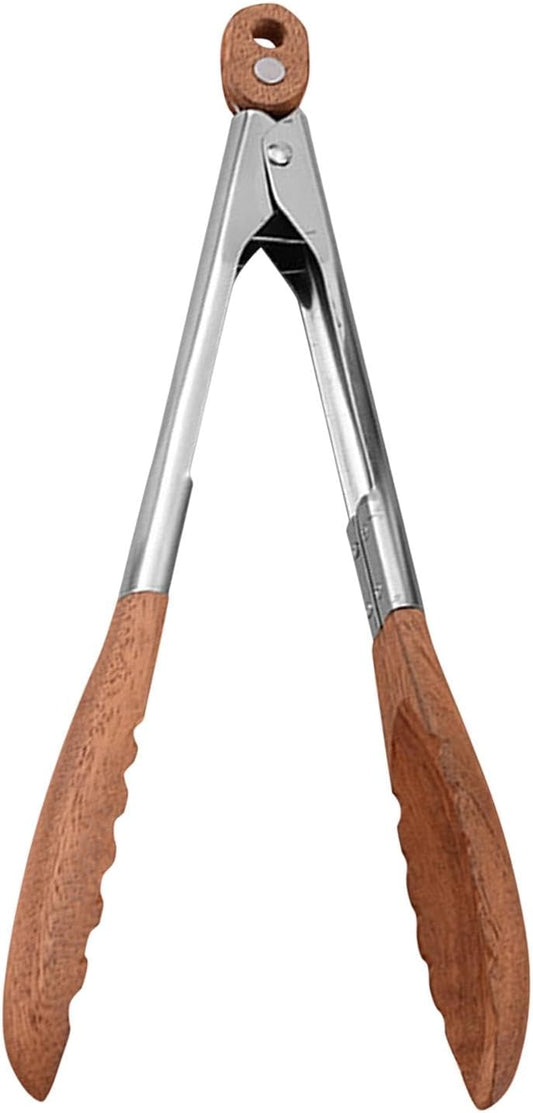 Wooden Tongs - Premium Food Wood Serving Tongs with Non-Slip Grip, Heat Resistant Kitchen Tools Ideal for BBQ, Salad, Toaster, Bread, Pickles and Flipping Burgers(Silver+Brown)