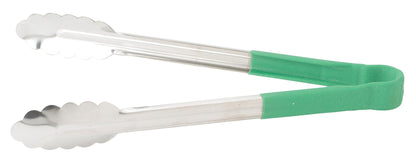 Winco 12" Green Stainless Steel Serving Tongs with Non-Slip Grip