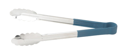 Winco 12" Green Stainless Steel Serving Tongs with Non-Slip Grip