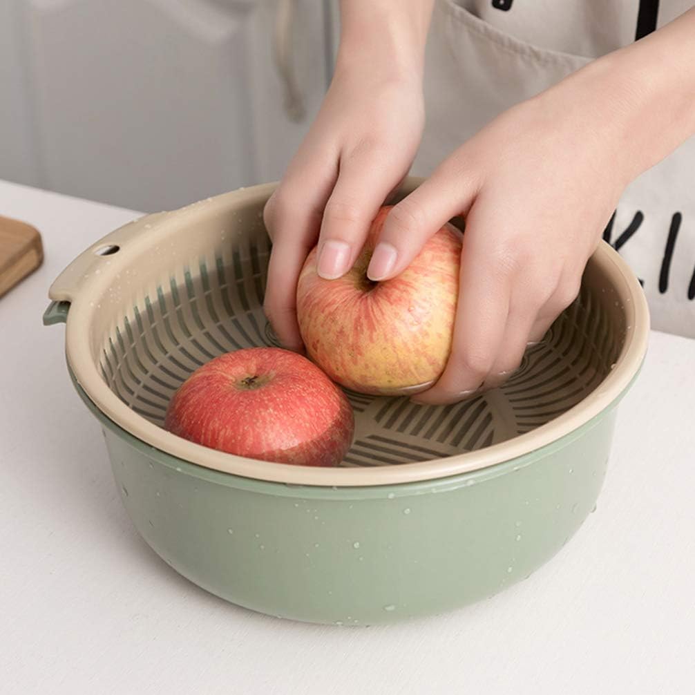Hemoton Double Layer Draining Basket 6.29 X 6.29 X 2.75 in Plastic Vegetable Washing Basket 360 Rotatable Fruit Strainer and Storage Colander for Rice Produce Kitchen Use