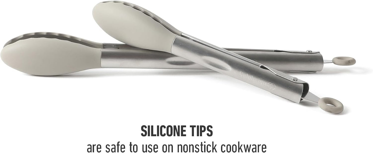 Calphalon Edge Tongs Set, 2-Piece Stainless Steel Kitchen Tongs Set with Silicone Heads, Includes 9-Inch & 12-Inch Heat-Resistant Locking Tongs for Cooking, Grilling & Serving, Taupe