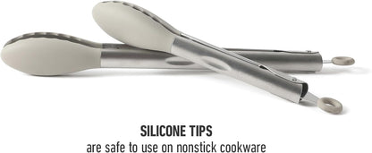 Calphalon Edge Tongs Set, 2-Piece Stainless Steel Kitchen Tongs Set with Silicone Heads, Includes 9-Inch & 12-Inch Heat-Resistant Locking Tongs for Cooking, Grilling & Serving, Taupe