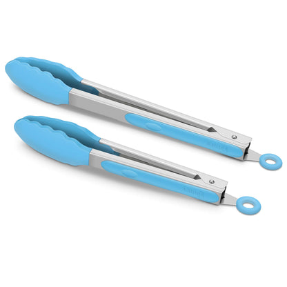 2 Pack Silicone Kitchen Tongs, 9 & 12 Inch, Stainless Steel, Red