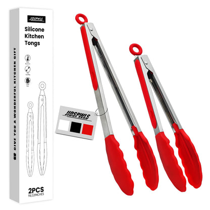 Premium Stainless Steel Heat Resistant Kitchen Tongs for cooking,set of 9" and 12" (Red),Non Scratch Silicone cooking Tong Tip for Cooking Pans,Strong Grip BBQ tongs for Grabbing Hot Food