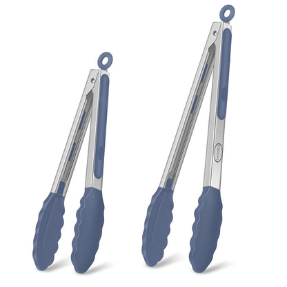 TACGEA Stainless Steel Kitchen Tongs with Silicone Tips, Locking Grilling Food Tongs, 9" and 12", Set of 2 Black