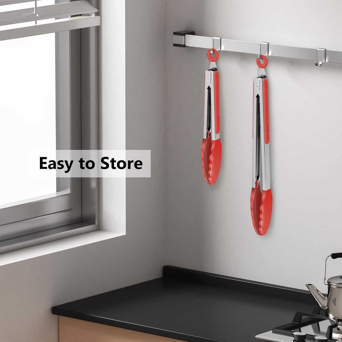 2 Pack Silicone Kitchen Tongs, 9 & 12 Inch, Stainless Steel, Red