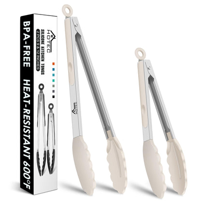 HOTEC Stainless Steel Kitchen Tongs with Silicone Tips, Set of 2-9" and 12"