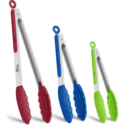 HOTEC Stainless Steel Kitchen Tongs with Silicone Tips, Set of 2-9" and 12"