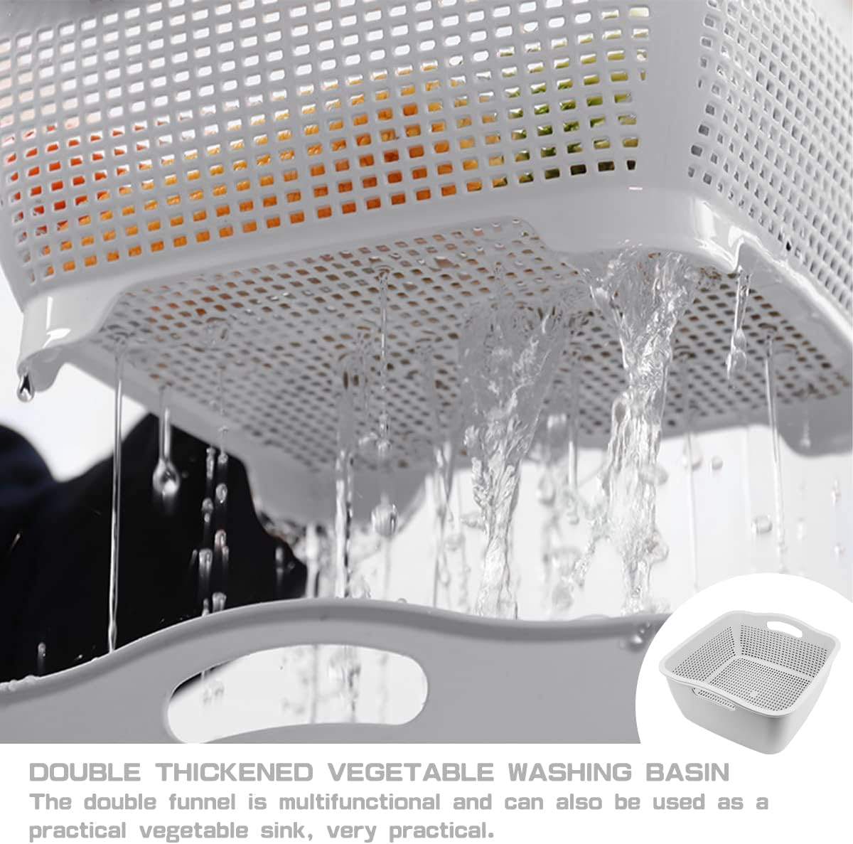 Double-layer Draining Basket Plastic Fruits Vegetable Washing Basket Food Storage Basket Multi-layer Stackable Vegetable Sinks Wash Drain Basket for Kitchen （Grey）