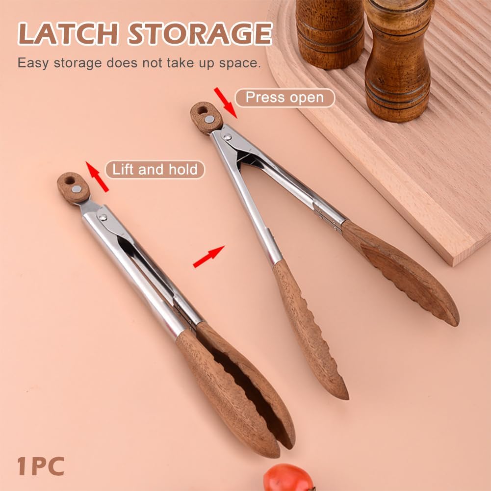 Wooden Tongs - Premium Food Wood Serving Tongs with Non-Slip Grip, Heat Resistant Kitchen Tools Ideal for BBQ, Salad, Toaster, Bread, Pickles and Flipping Burgers(Silver+Brown)