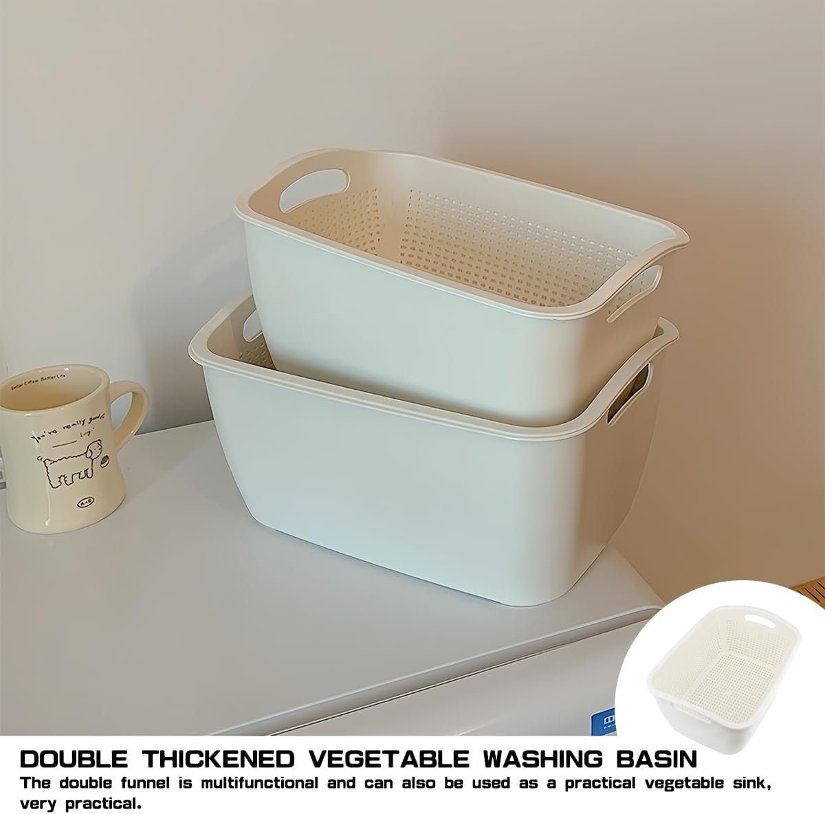 Double-Layer Plastic Fruits & Vegetable Washing Basket - Multi-Layer Stackable Sink Wash & Drain Basket for Kitchen (White Small)