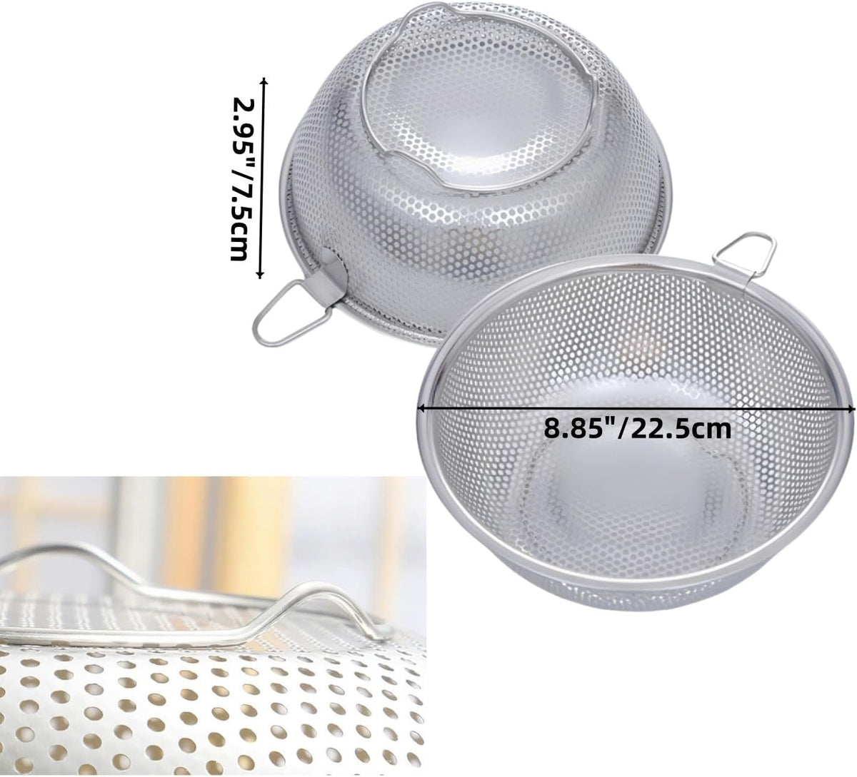 2 Pack Stainless Steel Colander Berry Colanders Baskets,Metal Strainer Colander, Micro-Perforated & Elevated Feet for Draining Food Vegetable Fruit (8.85"x8.85"x2.95")