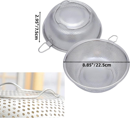 2 Pack Stainless Steel Colander Berry Colanders Baskets,Metal Strainer Colander, Micro-Perforated & Elevated Feet for Draining Food Vegetable Fruit (8.85"x8.85"x2.95")