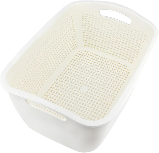 Double-layer Draining Basket Plastic Fruits Vegetable Washing Basket Food Storage Basket Multi-layer Stackable Vegetable Sinks Wash Drain Basket for Kitchen（White Large）