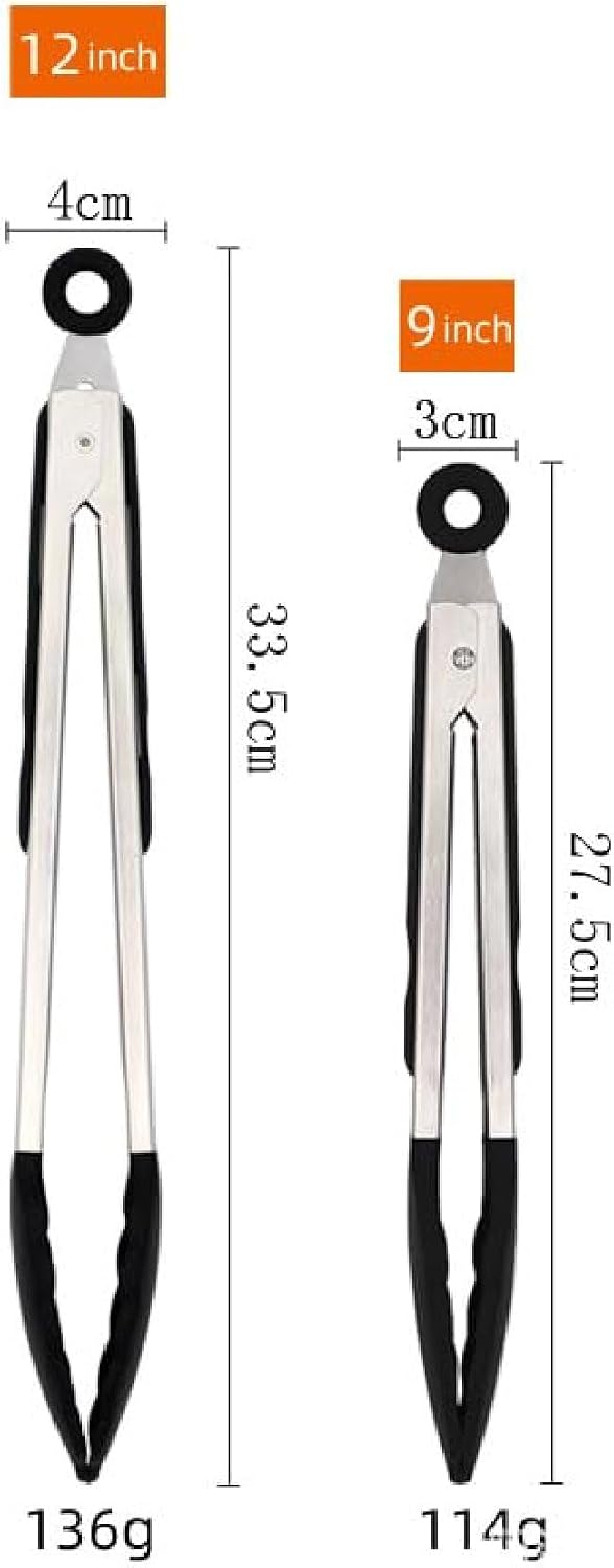 9 & 12 Inch Food Grade Silicone Food Tongs, Heat Resistant Anti-Scald Stainless Steel Kitchen Tongs, Non-Slip Rustproof BBQ Grill Tongs for Salad, Bread, Steak, Buffet, Baking Home Kitchen Use