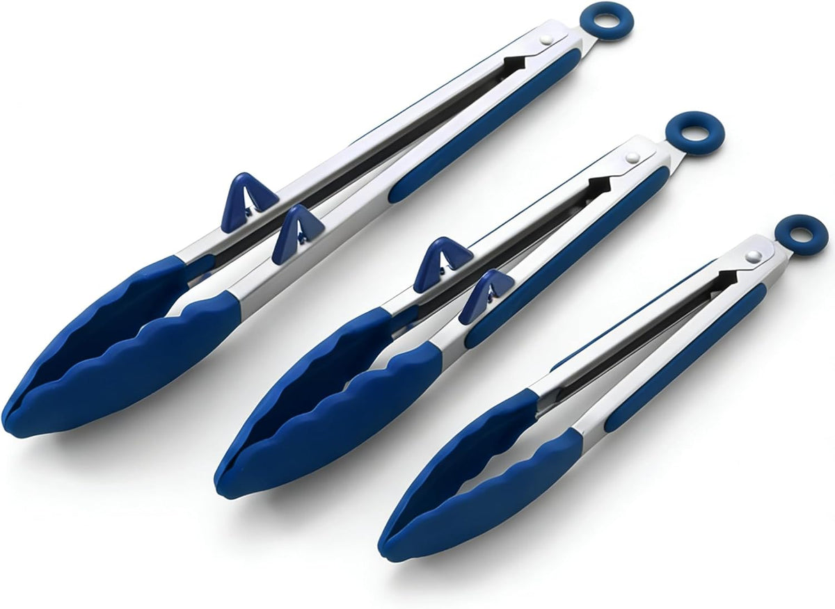 Kitchen Tongs for Cooking with Silicone Tips, 3 Size Serving Tongs, Blue
