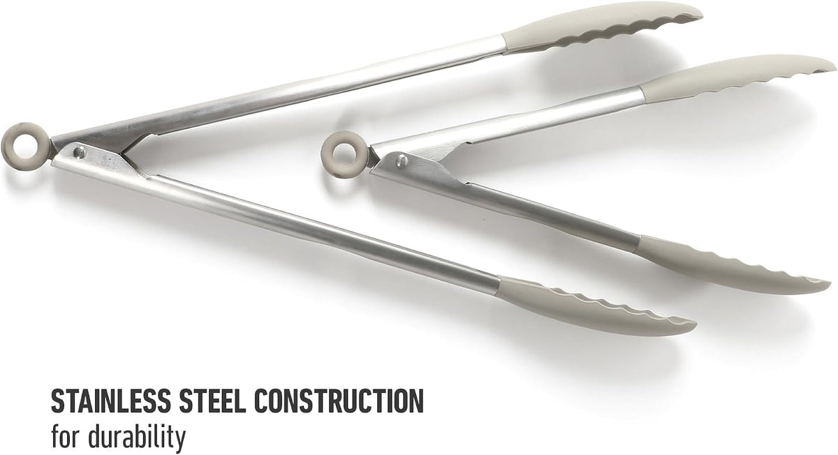 Calphalon Edge Tongs Set, 2-Piece Stainless Steel Kitchen Tongs Set with Silicone Heads, Includes 9-Inch & 12-Inch Heat-Resistant Locking Tongs for Cooking, Grilling & Serving, Taupe