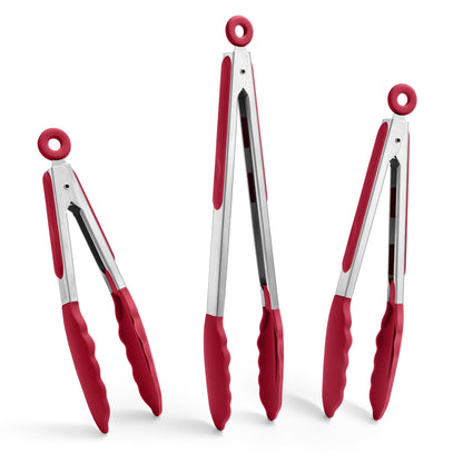 Doosu Kitchen Tongs with Silicone Tips for Cooking Serving (9+12in, Red)