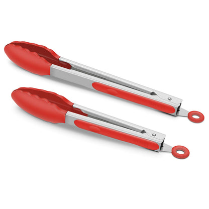 2 Pack Silicone Kitchen Tongs, 9 & 12 Inch, Stainless Steel, Red
