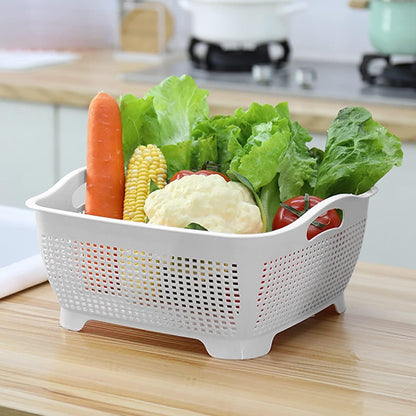 Double-layer Draining Basket Plastic Fruits Vegetable Washing Basket Food Storage Basket Multi-layer Stackable Vegetable Sinks Wash Drain Basket for Kitchen （Grey）