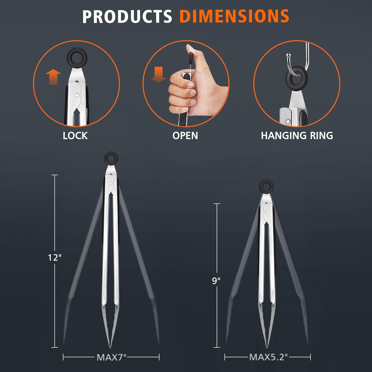 Hotec Tongs for Cooking Stainless Steel Kitchen Tongs Set of 2-9" and 12"