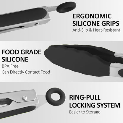 9 Pieces Silicone Tongs for Cooking 7,9,12 inches Kitchen Tongs with Silicone Tip Stainless Steel Heat Resistant Cooking Tongs for Food Grill Salad BBQ Frying and Serving, Black